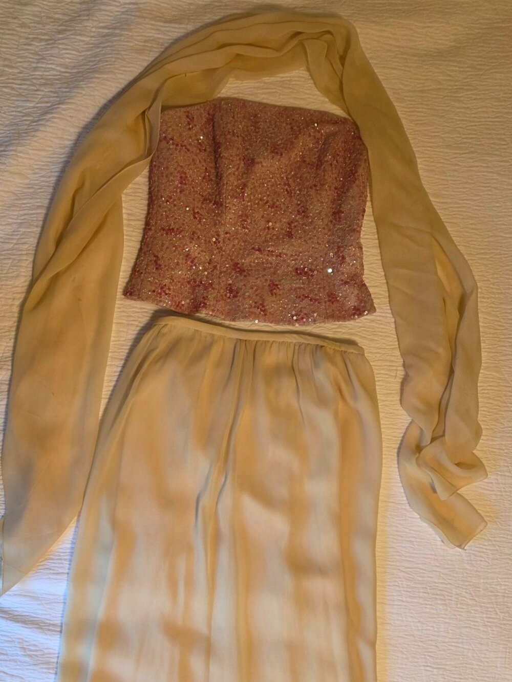 Kay Unger 3-Piece Pink Sequin Beaded Strapless top/Chiffon Maxi Skirt & scarf